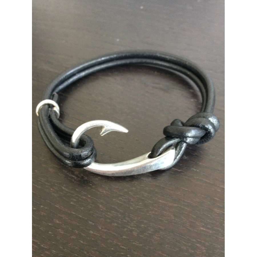 Leather Fish Hook Bracelet | Silver, Adjustable, Unisex, Black